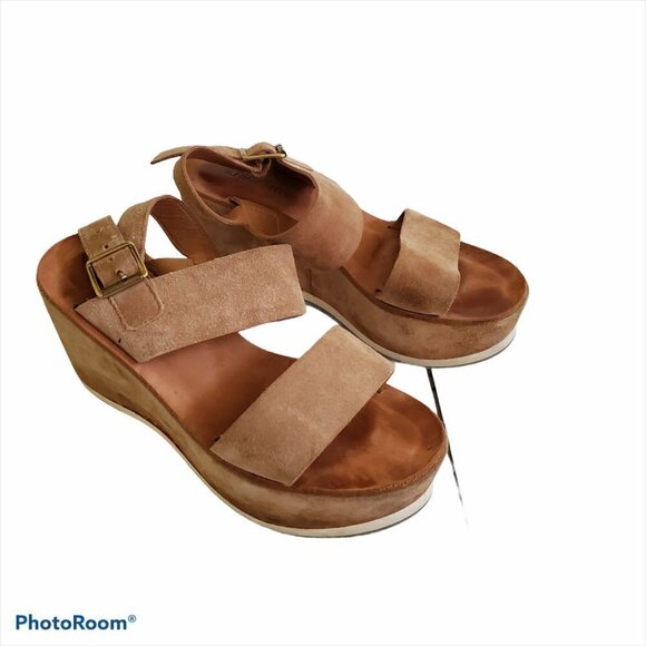 275‎ Central Womens Deni Suede Wedge Sandals Tan Brown 6 Made In Italy - Picture 4 of 10